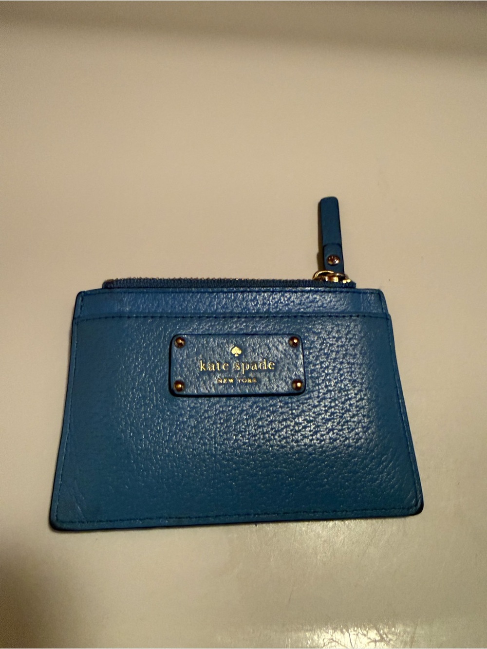 kate spade Teal Blue Leather Zip Card Case with Logo Plaque